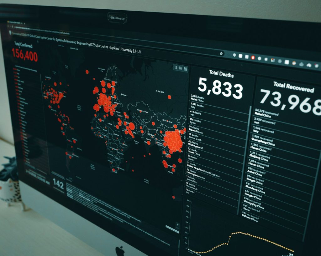 Computer monitor displaying data on a map