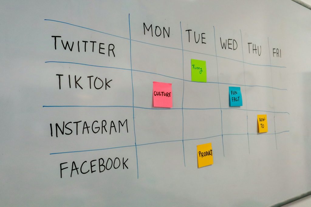 Whiteboard with sticky notes planning social media content